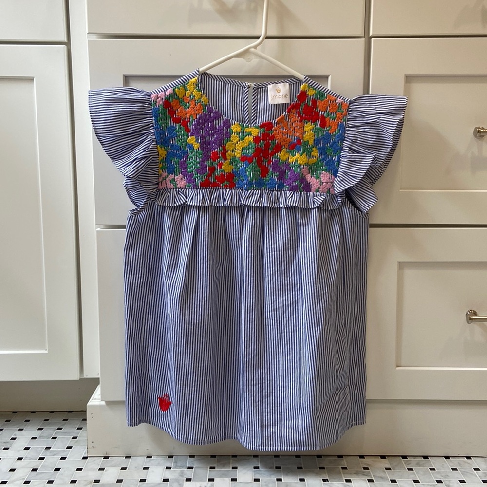 J. Marie Sleeveless Blue Striped Multicolored Embroidered Top